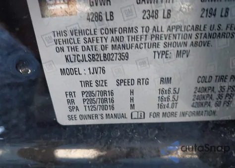 2020 Chevrolet Trax Fwd Lt из США, поврежденный, VIN KL7CJLSB2LB027359